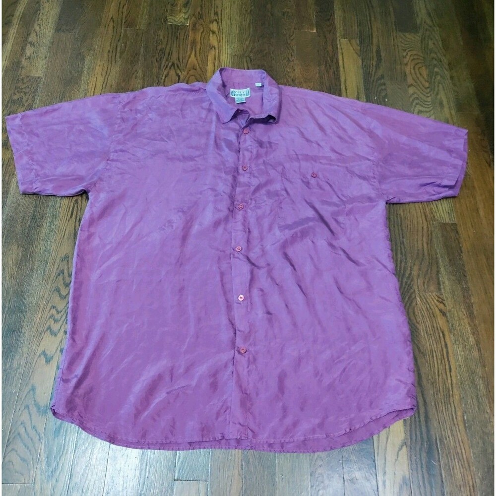 Vtg City Streets Silk Button Down Shirt Men's L Purple Short Sleeve Pocket 90's